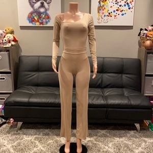 Two piece one shoulder taupe bodysuit high rise flare pant two piece set co ord